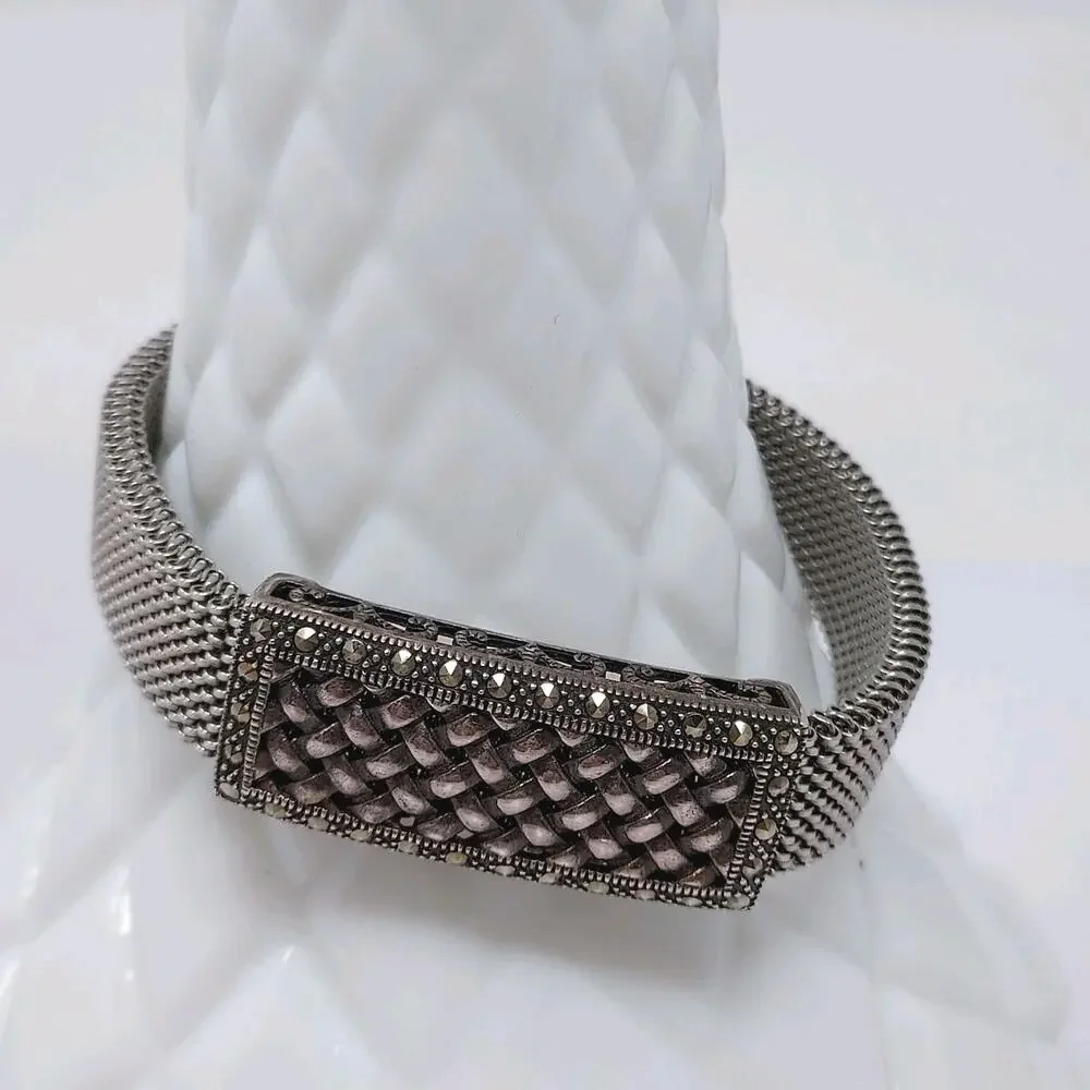 Aura TJM 925 Sterling Swarovski Marcasite Stretch Mesh Bracelet GG 6-7.5 2010
